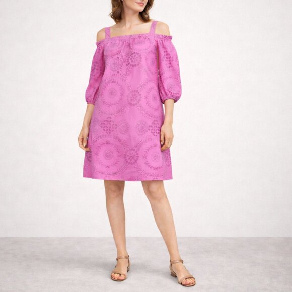 Trina Turk Dresses & Skirts - Trina Turk Pink Eyelet Off-Shoulder Sleeved Cotton Dress M NWT Party Wedding